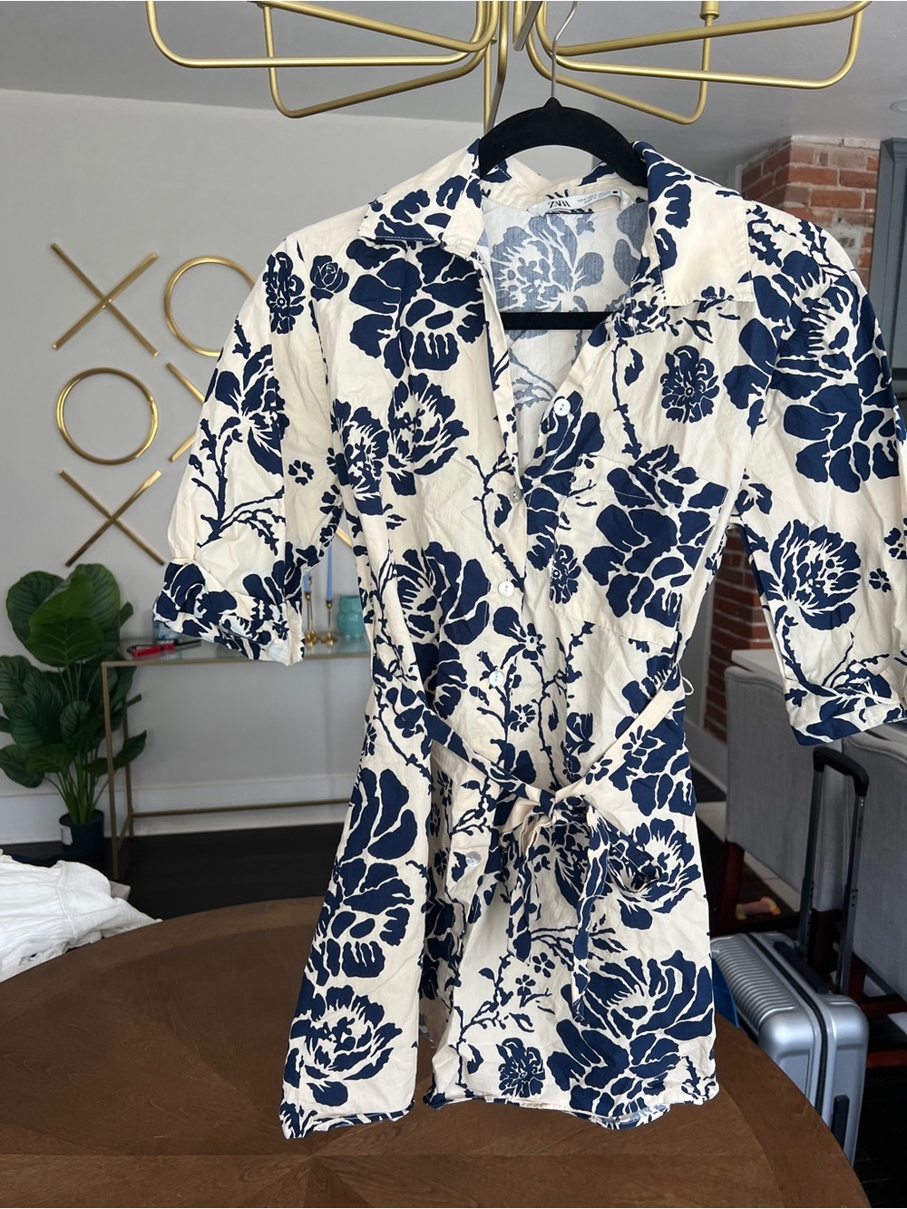 Zara Navy Floral Button-Front Shirt Dress
